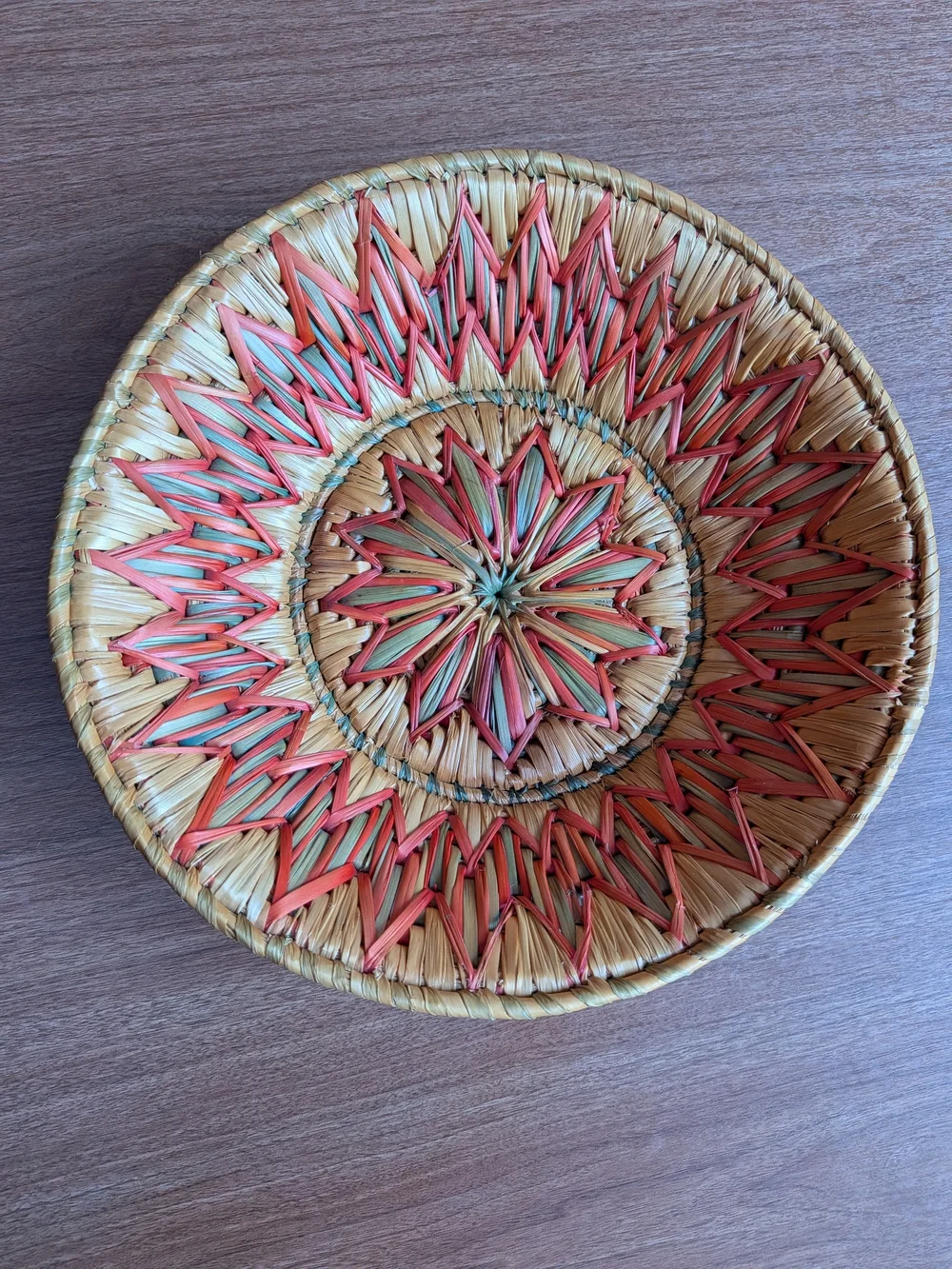 Handwoven Natural and Coral Decorative Serving Bowl